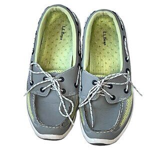 L.L. Bean Women's Boat Shoe Grey Leather and Lime Green Mesh Lining 4 Hole   8W
